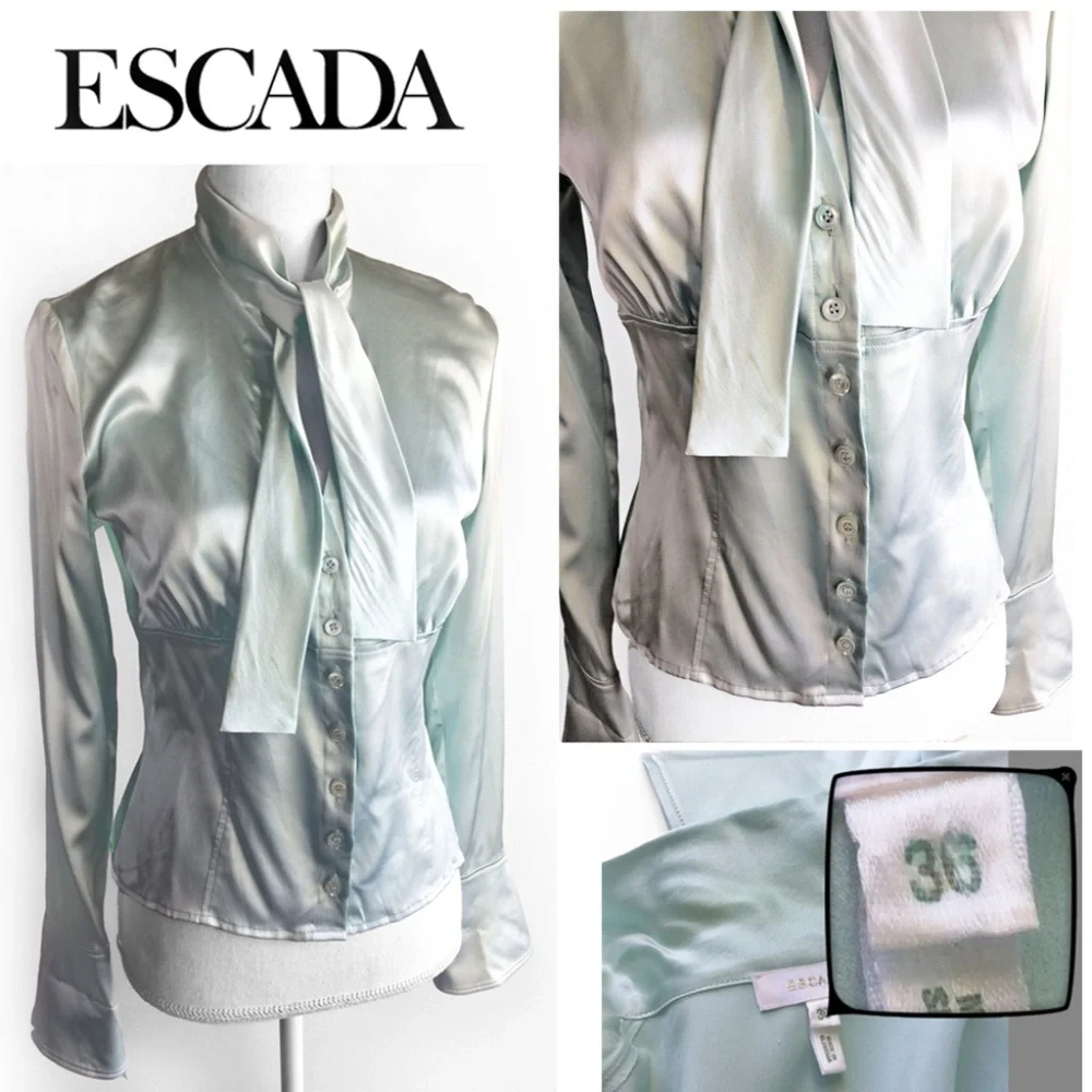 Vintage ESCADA Silk Fitted Ascot Bell Cuff Blouse - Picture 4 of 8